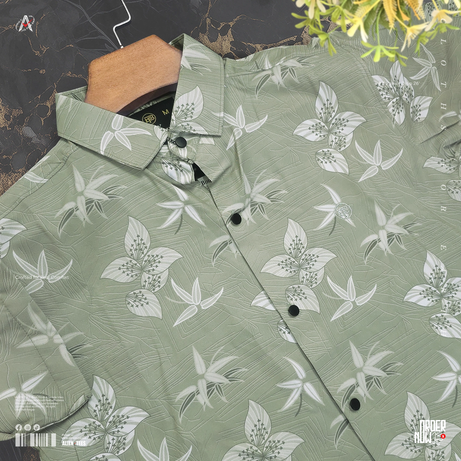 4H36 Green Spring Rain - Botanical Print Half Shirt